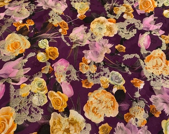 100% Silk Jacquard Printed Fabric with Gold Applications, Italian Fabric by Yard,  Price is for One yard.