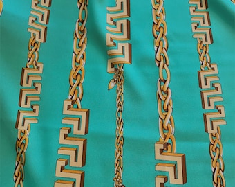 Mint and Light Blue Silk Elastane Fabric: Gold Chain Print, Luxury Italian Designer Fabric