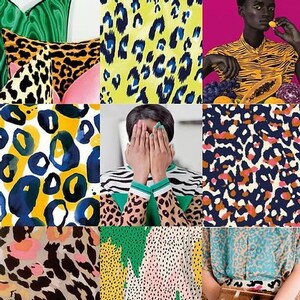 May include: A collage of nine different animal print patterns. The patterns are all in various shades of yellow, blue, green, pink, brown, and black. The patterns are arranged in a grid.