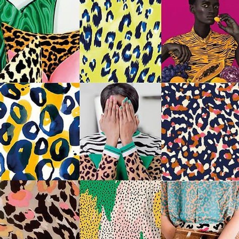 May include: A collage of nine different animal print patterns. The patterns are all in various shades of yellow, blue, green, pink, brown, and black. The patterns are arranged in a grid.
