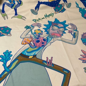 Rzadki okaz bawełnianej tkaniny jeansowej Rick and Morty, włoska tkanina cięta na wymiar.