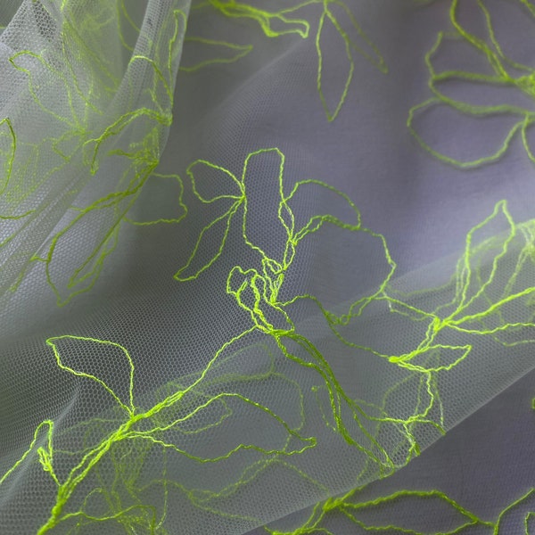 White Tulle with Neon Yellow Embroidery, Italian Fabric by Yard, Price is for ONE yard.