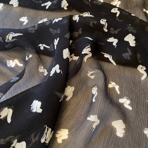 Black Crinkled Silk Chiffon Fabric, Luxury Italian Fabric by Yard.