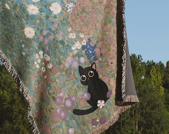 Black Cat Tapestry  Gustav Klimt Woven Blanket for Indie Room Decor Cat Blanket with Floral Design Cat Lover Gift 100% Cotton