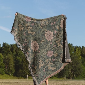Floral Throw Blanket 50x60 - William Morris Woven 100% Cotton Reversible Tapestry