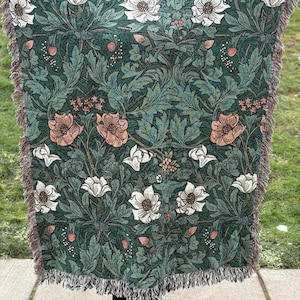 Floral Throw Blanket 50x60 - William Morris Woven 100% Cotton Reversible Tapestry