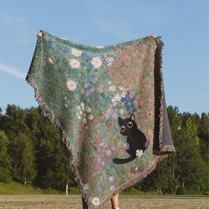 Couverture chat noir en coton tissé, jeté floral impressionniste, décoration d'intérieur, cadeau pour amoureux des chats, tenture murale confortable pour les genoux, vacances d'anniversaire