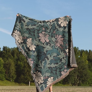 Floral Throw Blanket 50x60 - William Morris Woven 100% Cotton Reversible Tapestry