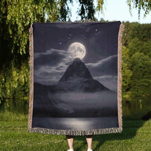 Woven Blanket with Full Moon Design, Mountain Landscape Art, Night Sky Blanket, Celestial Moon Throw, Unique Gift Idea, Cozy Blanket, Wall