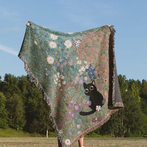 Black Cat Throw Blanket: Floral Cottagecore Woven Cotton Decor