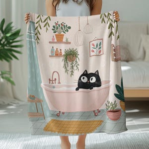 Mantas de gato en la bañera, mantas de gato de dibujos animados, mantas con arte de gato negro, mantas decorativas para el baño, mantas de animales extravagantes