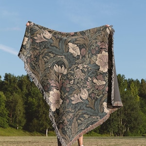 Floral Throw Blanket 50x60 - William Morris Woven 100% Cotton Reversible Tapestry