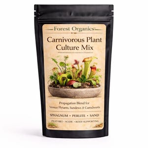 May include: Black bag of Forest Organics Carnivorous Plant Culture Mix. The label shows a miniature garden of carnivorous plants. The mix is a propagation blend for Venus Flytraps, Sundews & Cartidworts. It contains sphagnum, perlite, and sand.