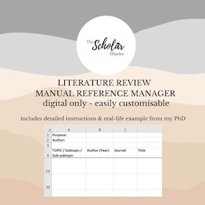 May include: A printable literature review reference manager template. The template is a table with columns for purpose, author, topic, subtopic, author (year), journal, and title. The template is designed to be easily customisable and includes detailed instructions and a real-life example from a PhD.