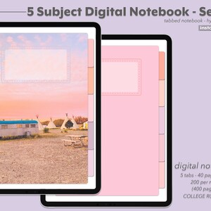 May include: Set of 2 digital notebooks. One notebook features a scenic cover with a trailer and teepees under a sunset sky. The other notebook is pink. The notebooks have tabs and are hyperlinked PDFs. The text says "5 Subject Digital Notebook - Set of 2".