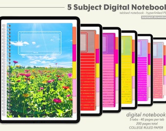 Digital anteckningsbok med hyperlänkar från GoodNotes Notability | iPad-planerare med 5 ämnen | Estetiskt mönster med vilda blommor i PDF-format