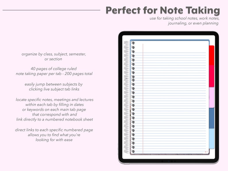 5 Subject Digital Notebook - Hyperlinked Tabs - Note Taking, Journaling ...