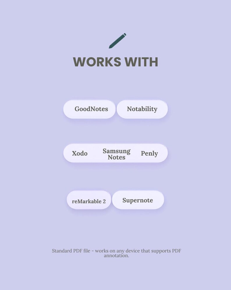 Pu&ograve; includere: Un grafico viola chiaro con un'icona di matita scura sopra il testo WORKS WITH. Sotto ci sono pulsanti bianchi arrotondati etichettati GoodNotes, Notability, Xodo, Samsung Notes, Penly, reMarkable 2 e Supernote. Testo in basso: Standard PDF file.