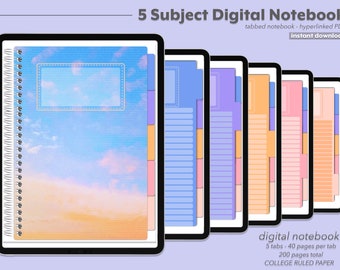iPad-anteckningsbok med 5 ämnen | Digital anteckningsbok med hyperlänkar och GoodNotes-notabilitet | Pastellhimmel-estetik i PDF-format