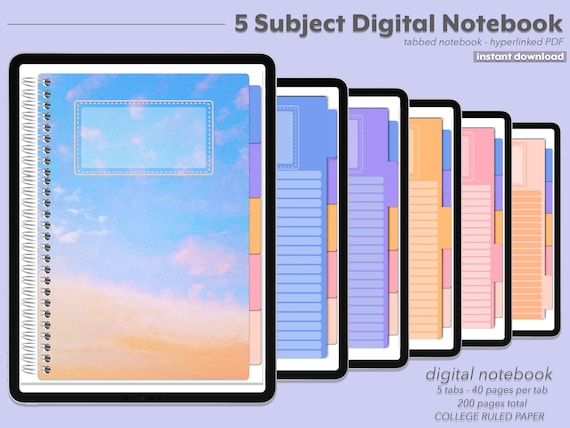 5 Subject Digital Notebook, Hyperlinked PDF, College Ruled Paper (Digital Download)