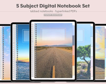 Digitalt anteckningsblock med 5 ämnen, iPad-anteckningsbok, hyperlänkad PDF-journal (GoodNotes, Notability)