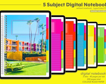 Digital anteckningsbok med hyperlänkar från GoodNotes Notability | 5-ämnes iPad-journal | Färgglad retroestetisk PDF