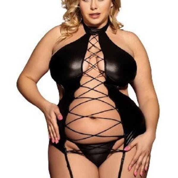 Seductive Two-Piece Queen Size Chemise Set Flattering Wetlook Strappy Halter Neck 2-Piece Bodysuit Plus Size - Luv Bytes Lingerie