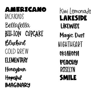 May include: A list of names written in black text on a white background. The names include Americano, Backroads, Bellafella, Billion Cupcake, Bluebird, Cold Brew, Elementary, Honeybun, Hopeful, Imaginary, Kiwi Lemonade, Lakeside, Likewise, Magic Dust, Nightheart, Oklahoma, Peachy, Roselyn, and Smile.