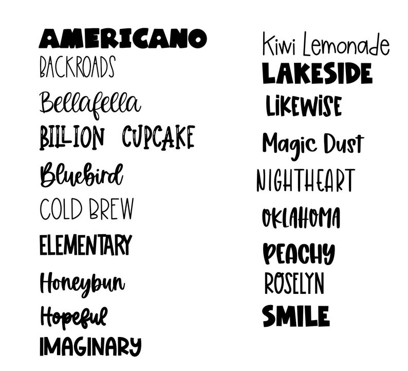 May include: A list of names written in black text on a white background. The names include Americano, Backroads, Bellafella, Billion Cupcake, Bluebird, Cold Brew, Elementary, Honeybun, Hopeful, Imaginary, Kiwi Lemonade, Lakeside, Likewise, Magic Dust, Nightheart, Oklahoma, Peachy, Roselyn, and Smile.