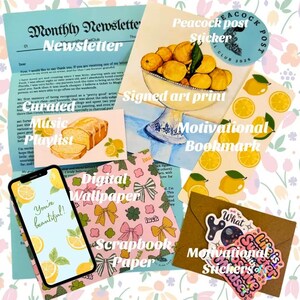 May include: A collection of stationery items with a lemon theme, including a newsletter, signed art print, motivational bookmark, digital wallpaper, scrapbook paper, and stickers. The digital wallpaper displays the text "You're beautiful!"