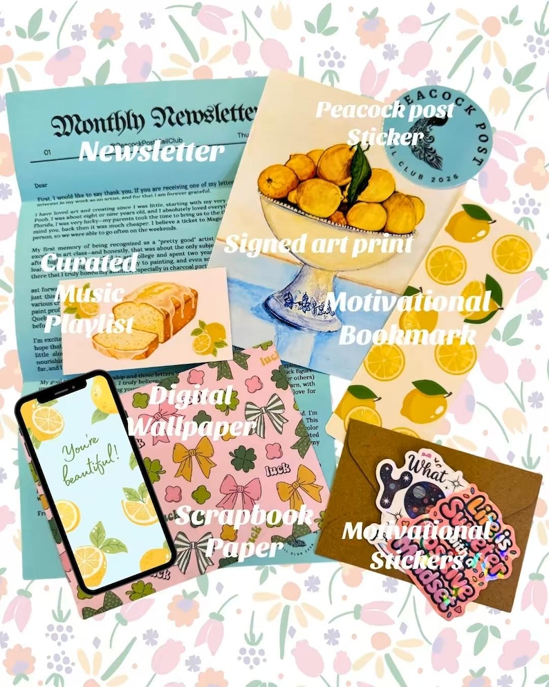 May include: A collection of stationery items with a lemon theme, including a newsletter, signed art print, motivational bookmark, digital wallpaper, scrapbook paper, and stickers. The digital wallpaper displays the text "You're beautiful!"
