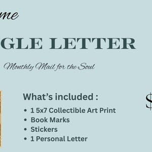 May include: A light blue graphic with the text "One time SINGLE LETTER Monthly Mail for the Soul." Includes a 5x7 art print, bookmarks, stickers, and a personal letter. Features a peacock illustration and a Peacock Post Mail Club logo.