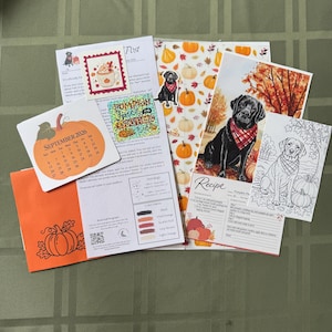 Op de afbeelding: Een verzameling herfstachtig briefpapier, waaronder een kalenderkaart voor september 2026 met een pompoenillustratie, een holografische sticker met de tekst Pumpkin Spice Everything, een receptenkaart met een zwarte Labrador en een kleurplaat.