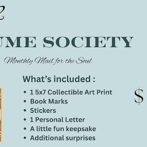 May include: A light blue promotional graphic for the Plume Society, a monthly mail club. The image includes a peacock illustration, a list of included items, and the text "Tier 2" and "Monthly Mail for the Soul."