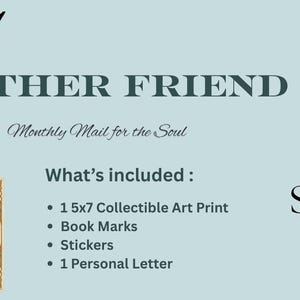 May include: A light blue graphic with the text "FEATHER FRIEND" and "Monthly Mail for the Soul." Includes a peacock illustration, a list of included items, and a "Peacock Post" logo. The package includes a 5x7 inch art print, bookmarks, stickers, and a personal letter.