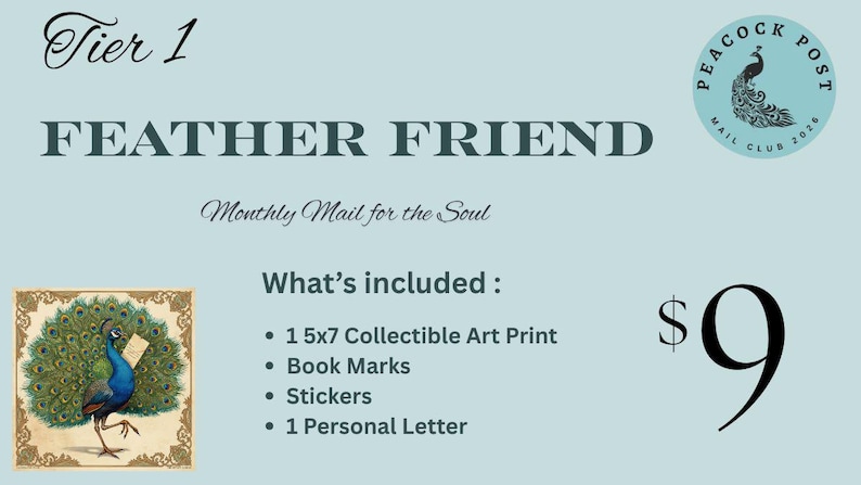 May include: A light blue graphic with the text "FEATHER FRIEND" and "Monthly Mail for the Soul." Includes a peacock illustration, a list of included items, and a "Peacock Post" logo. The package includes a 5x7 inch art print, bookmarks, stickers, and a personal letter.
