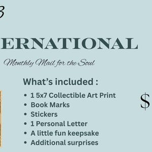 May include: A light blue graphic with the text "Tier 3 INTERNATIONAL Monthly Mail for the Soul." Includes a peacock illustration, a list of included items, and the Peacock Post Mail Club logo.