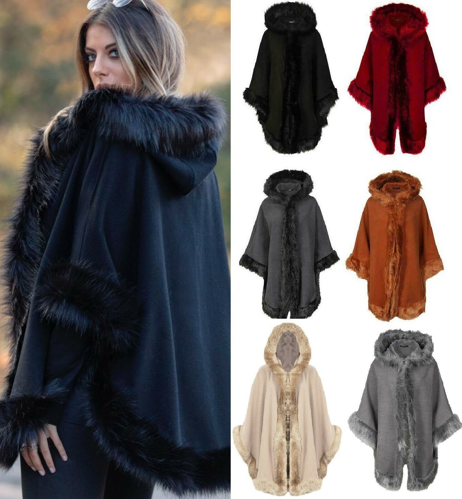 hooded poncho with fur