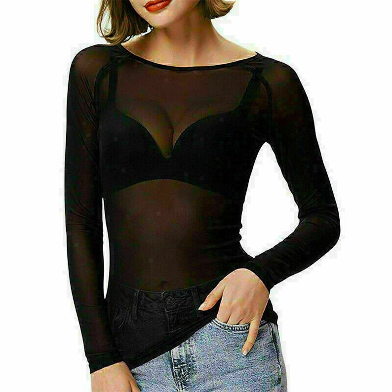 Mesh Top Sheer Ladies Long Sleeve Stretchy See Through Tops Plus Size 