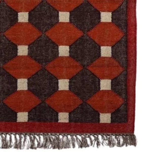 Handwoven Wool Jute Kilim Rug Rustic Red Indian Dhurrie