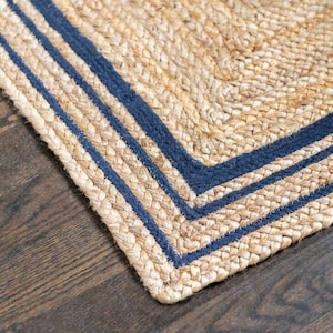 Hand Braided Natural Jute Rug With Blue Line Border For Home And Living Room Decor Custom Size Jute Rug Jute Runner Rug 2.5x20 2.5x22 2.5x25