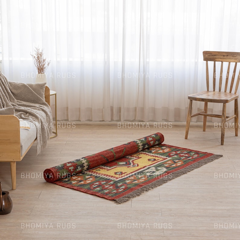Handwoven Wool Jute Kilim Rug Bohemian Flatweave Area Rug Multicolor ...