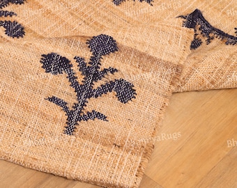 Handmade Jute Kilim Rug Blue Beige Flatweave, Eco-Friendly
