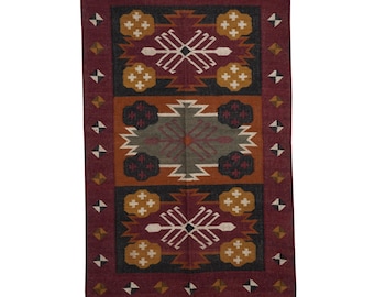 Ręcznie tkany wełniany dywan z juty, kilim, rustykalny, czerwony, indyjski, dhurrie