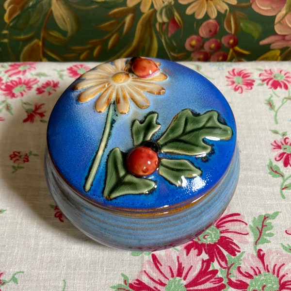 Floral Ladybug Ceramic Trinket Jar - Blue