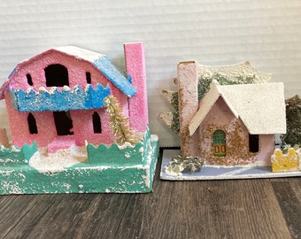 Christmas - 2 Putz Glitter Houses - Japan - Little Pink Houses!