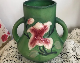 Green Magnolia Flower Embossed Double Handled Pottery Vase