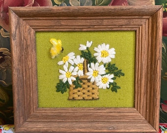 Crewel Embroidered Daisies and Butterfly - Framed