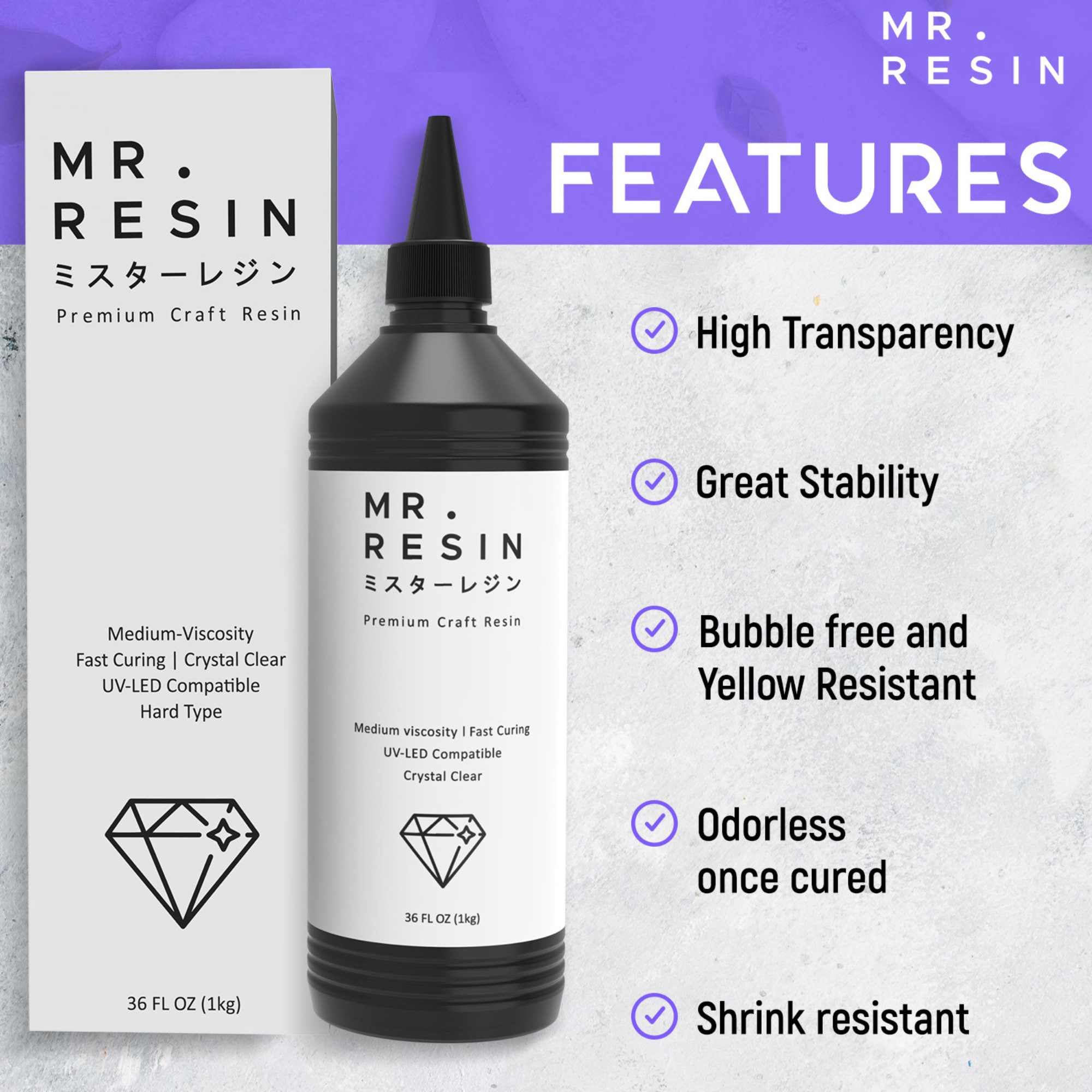 Mr.resin™ Original Craft UV Resin 36oz 1kg Crystal Clear Hard Type