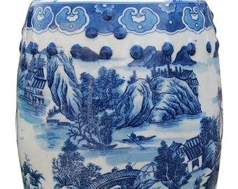 Chinese Blue and White Porcelain Landscape Blue Willow Motif Round Garden Stool 18"